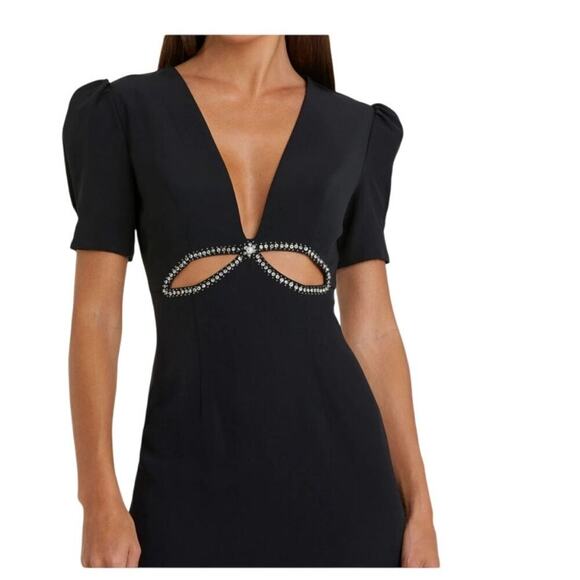 IEENA FOR MAC DUGGALBlack Plunge Neck Puff Sleeve Cut Out Gown Size 8 - Picture 3 of 16